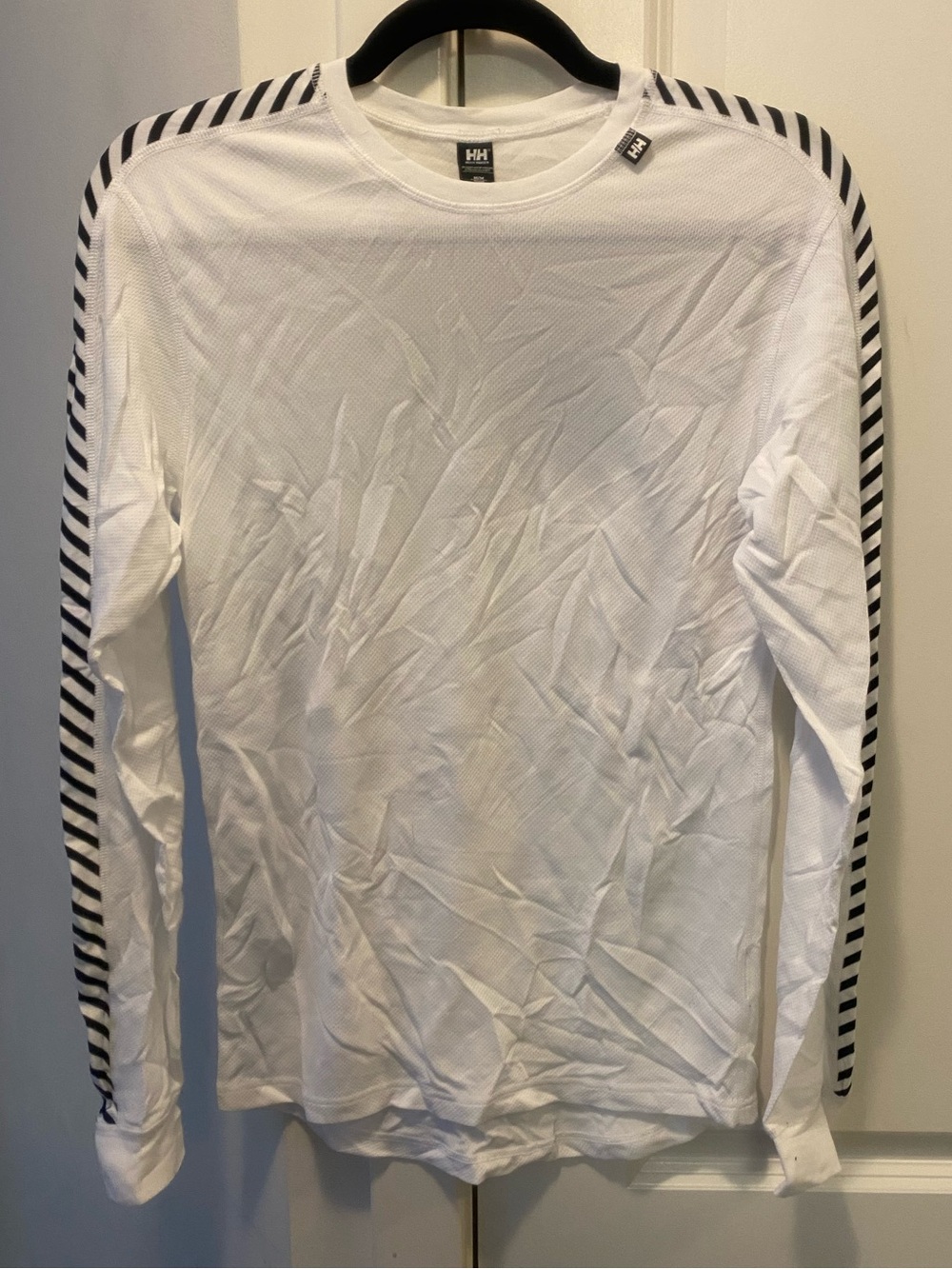 Helly Hansen White Long-Sleeve Tee with Black Striped Sleeve Accents